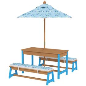 Kids Picnic Table Set With Foldable Umbrella, Removable Cushions & Boxes, Dinosaur Theme, Blue (Option: BLUE)